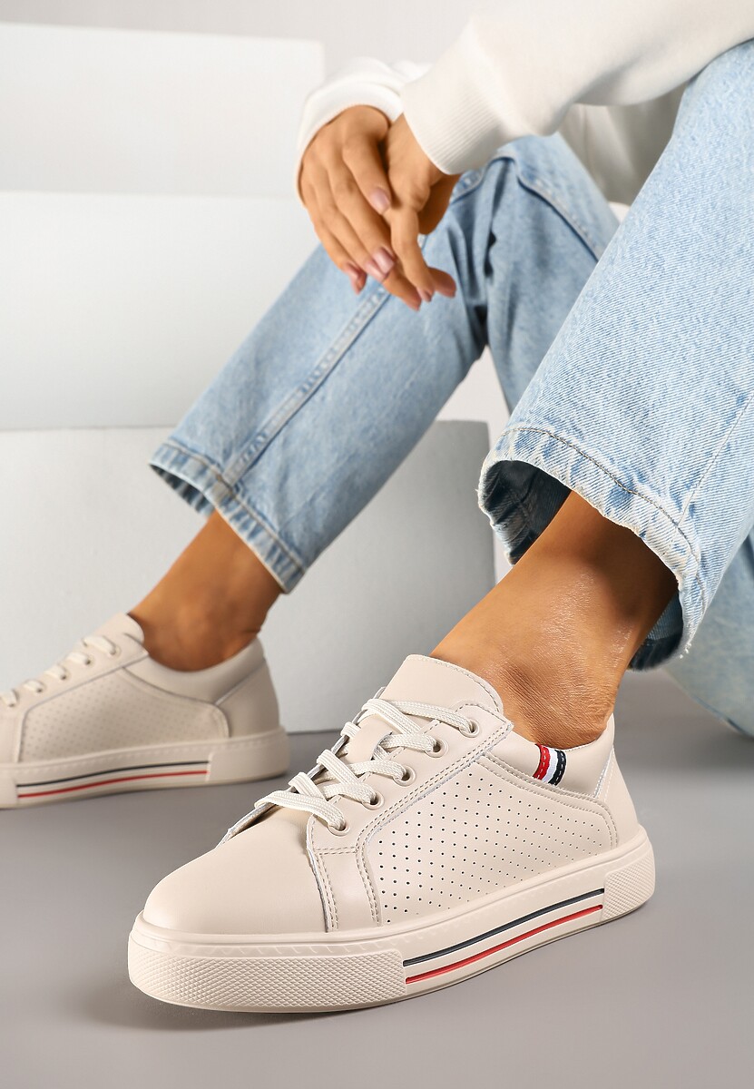 Beżowe Sneakersy Tenisówki ze Skóry Naturalnej Zdobione Perforacją Tillirene