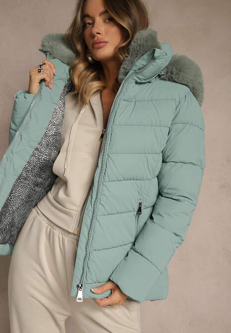 Jasnozielona Pikowana Kurtka o Taliowanym Kroju z Kapturem z Futerkiem Olidessa