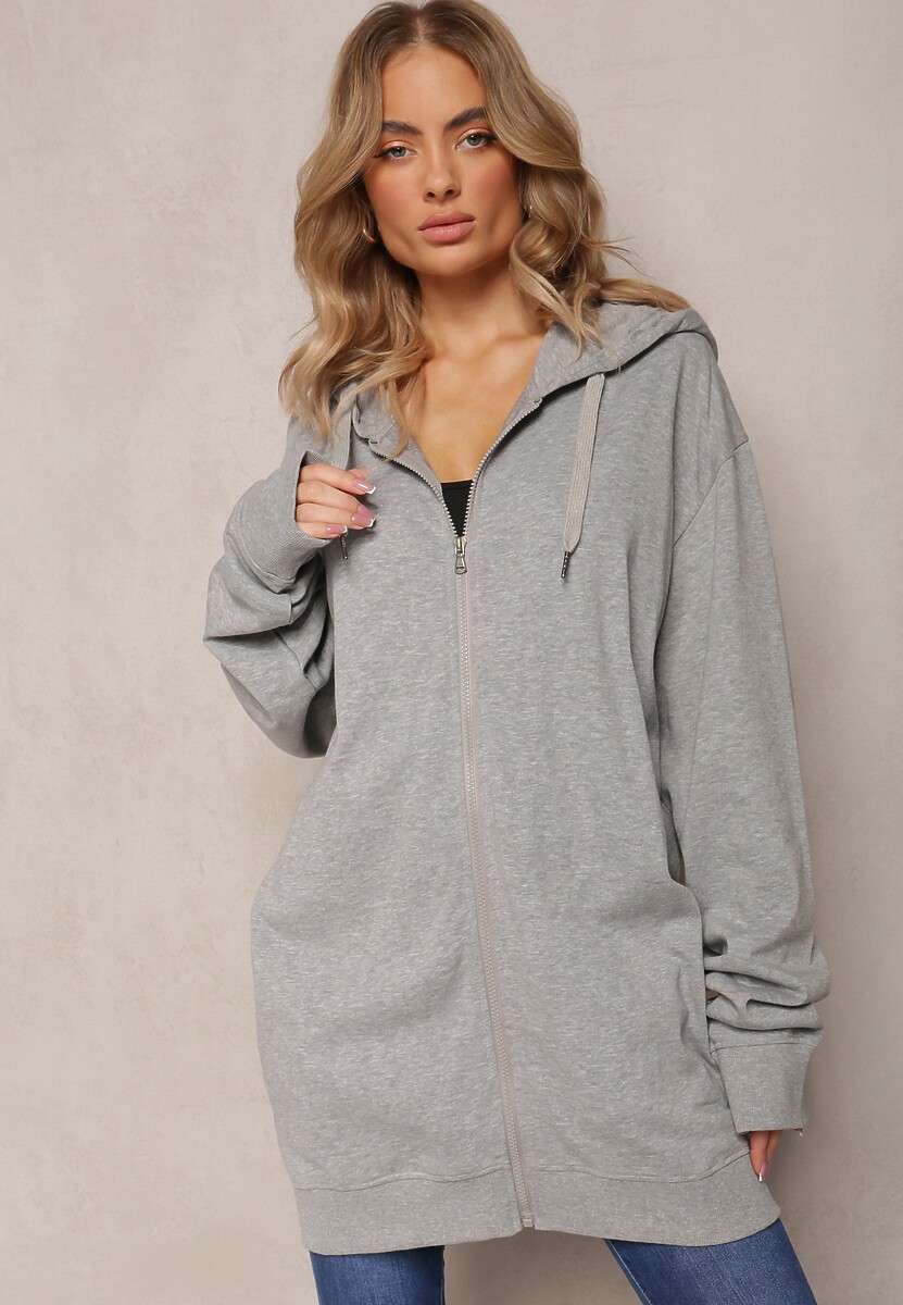 Szara Bluza Oversize z Kapturem i Zapięciem na Suwak Bilende