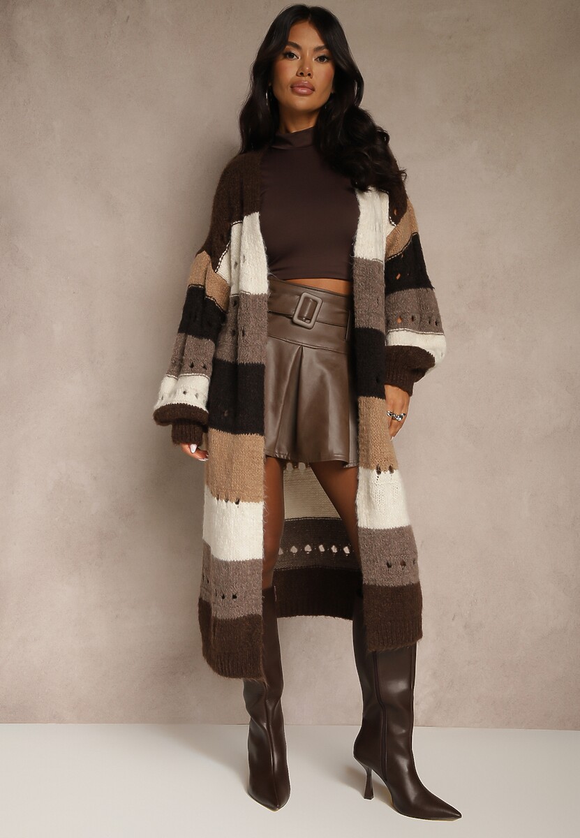 Beżowy Ażurowy Kardigan w Paski z Dodatkiem Wełny i Wiskozy o Długim Kroju Ilonine