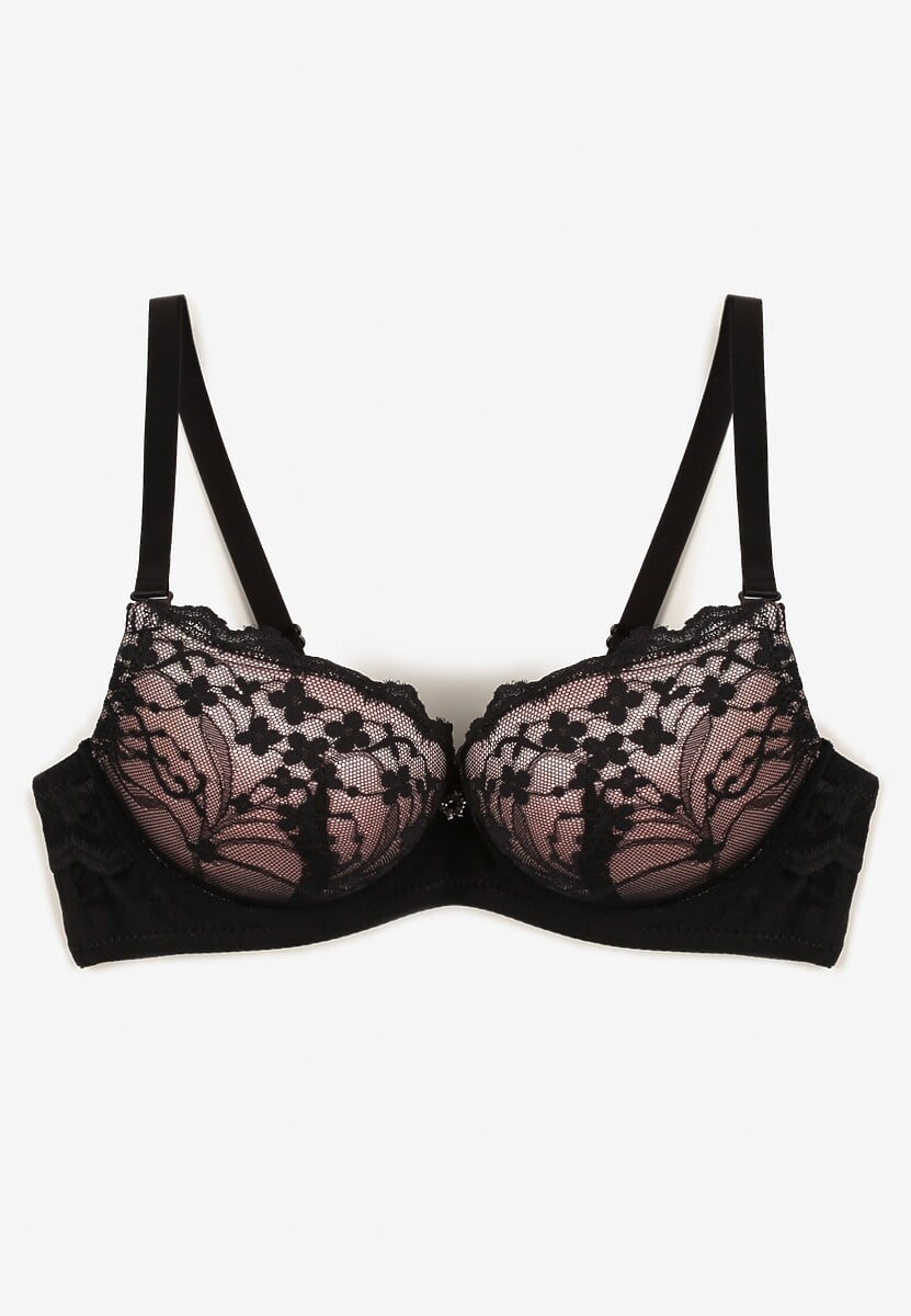 Czarno-Różowy Koronkowy Biustonosz o Kroju Push-Up Neladrith
