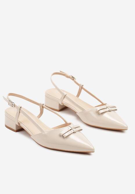 Beżowe Sandały na Niskim Obcasie ze Szpiczastym Noskiem Zdobionym Kokardą Virlexia