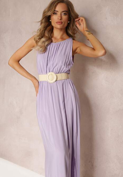 Fioletowa Wiskozowa Sukienka z Gumką w Talii Na Ramiączkach Suzias