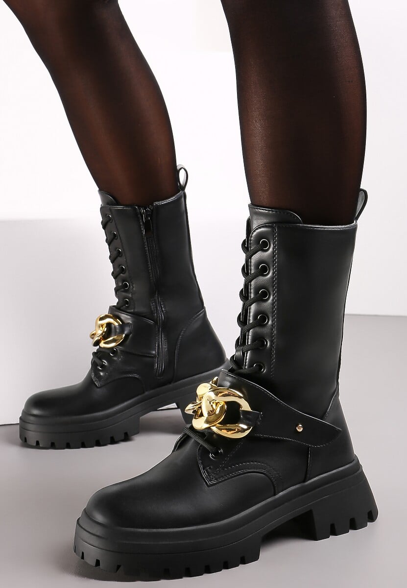 Czarne Botki o Fasonie Wysokich Workerów z Paskiem i Łańcuchem na Grubej Podeszwie Evensa