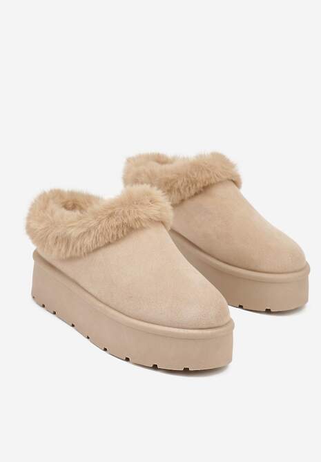 Ciemnobeżowe Krótkie Śniegowce na Platformie Ozdobione Futerkiem Sewlara