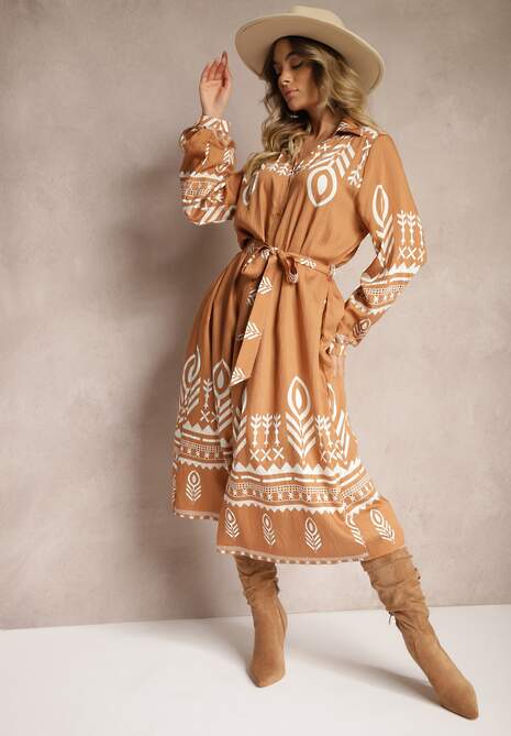 Brązowa Koszulowa Sukienka z Wiskozą w Azteckie Wzory Averisa