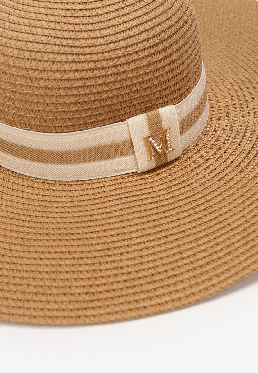 Beżowy Szeroki Kapelusz Słomiany z Ozdobą w Cyrkonie Jazzed