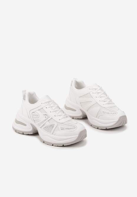 Białe Sneakersy Zdobione Cyrkoniami na Podeszwie z Tłoczeniami Raviora