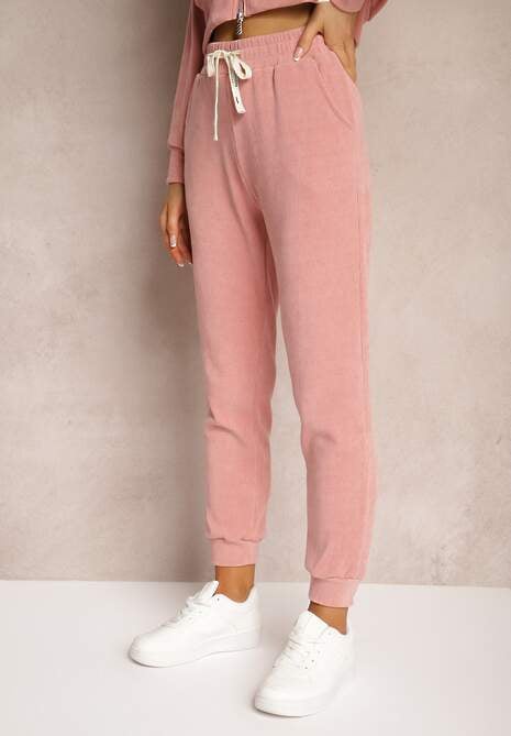 Różowe Dresowe Spodnie z Dodatkiem Bawełny High Waist z Gumką w Pasie Pesaria