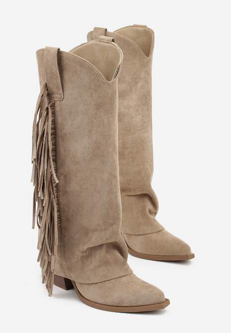 Ciemnobeżowe Kozaki Kowbojki na Stożku z Cholewką Imitującą Nogawkę z Frędzlami Monettea