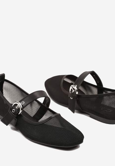 Czarne Siateczkowe Balerinki z Paskiem w Klamerką Korlexia