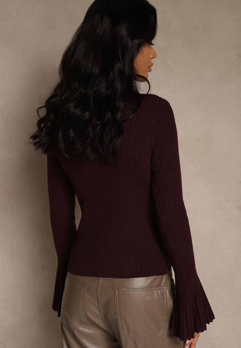 Bordowy Elegancki Prążkowany Kardigan z Wiskozą Guzikami i Rozszerzanymi Rękawami Otila