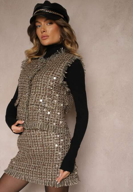 Zielono-Złota Kamizelka Garniturowa z Wełną Frędzlami i Cekinami Lesaltia