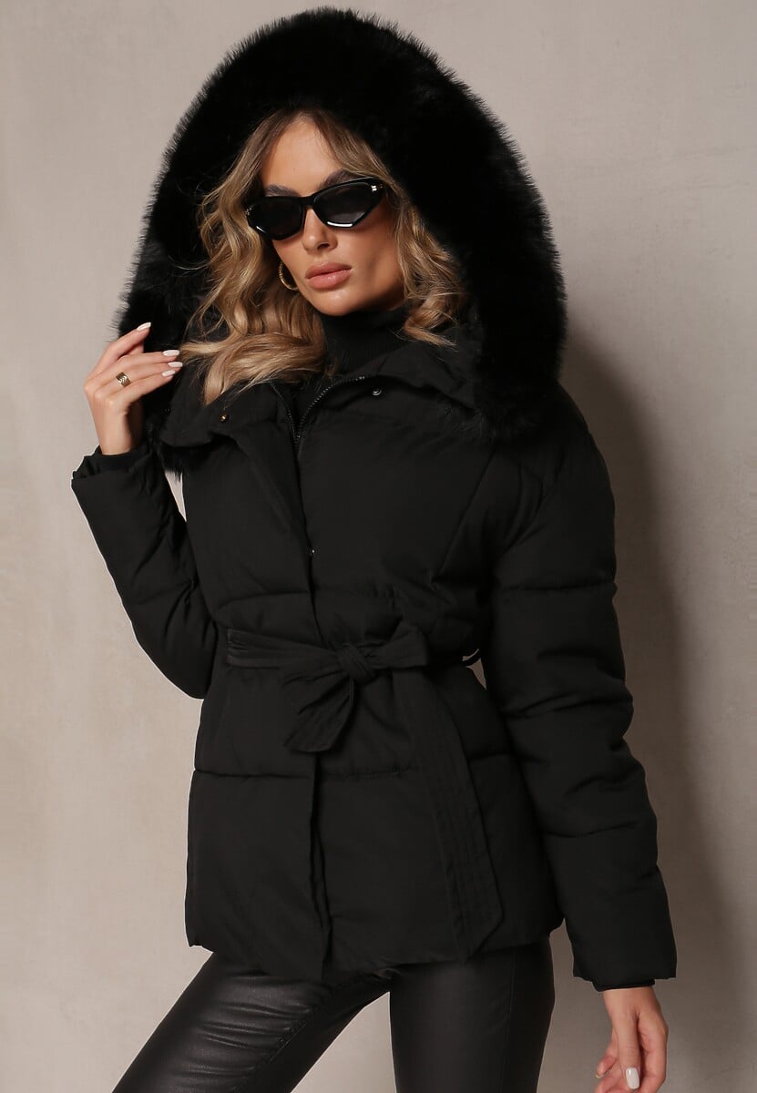 Jasnobeżowa Wiązana Kurtka z Pikowaniem i Kapturem z Futerkiem Elinerra