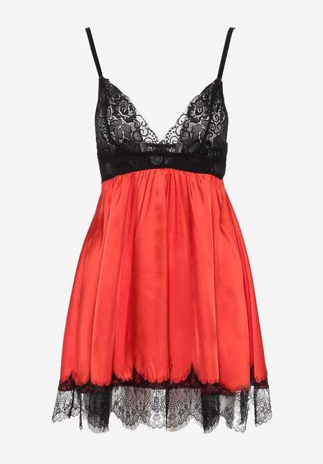 Czarno-Czerwona Koszula Nocna na Ramiączkach z Wstawkami z Koronki Amarylia