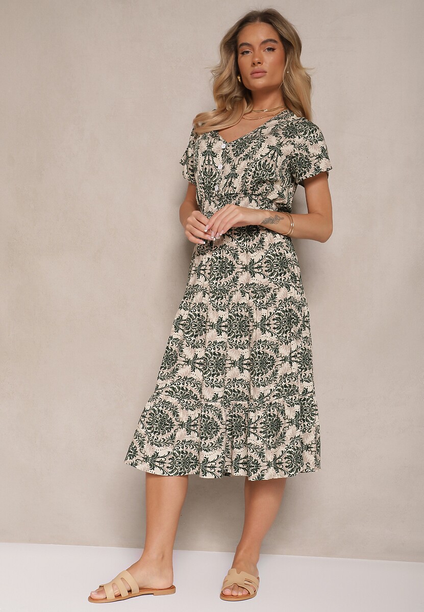 Ciemnozielona Rozkloszowana Sukienka z Bawełny z Gumką w Talii Desanita