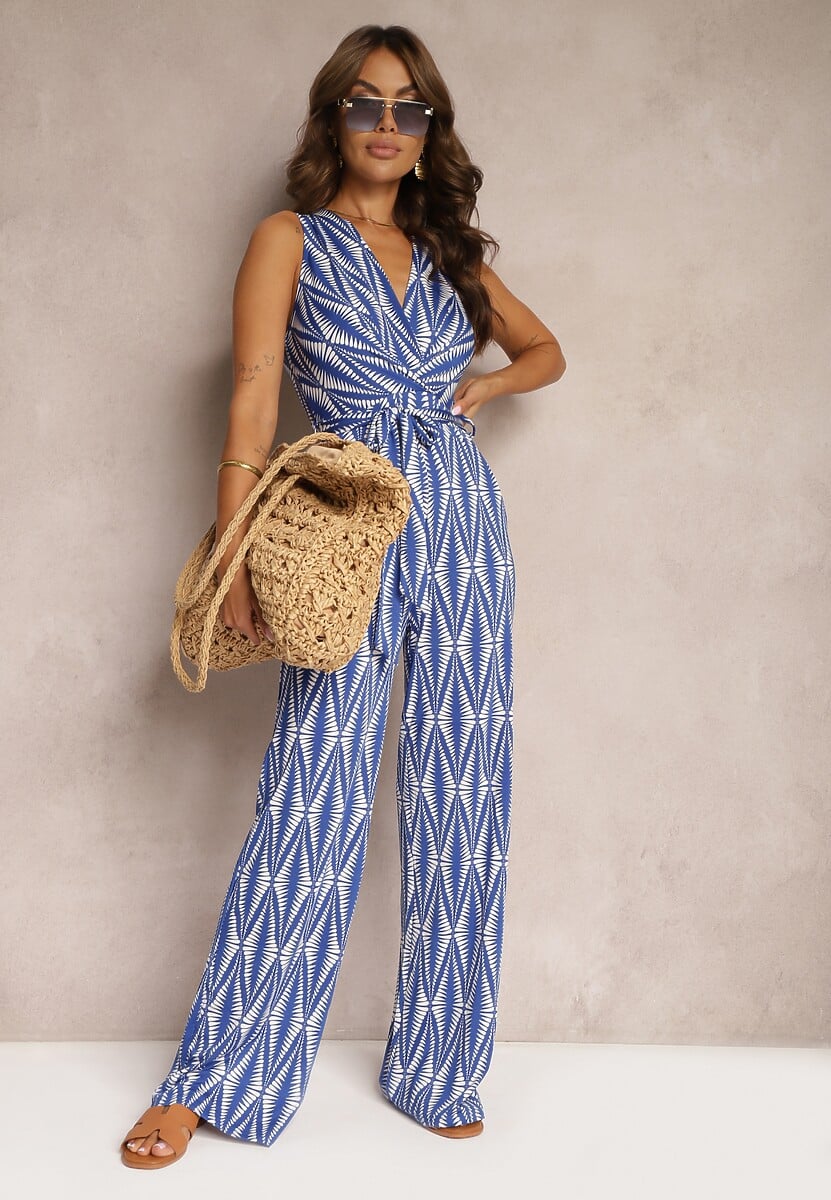 Niebieski Kombinezon Bez Rękawów z Długimi Nogawkami i Paskiem w Talii Vimalizas