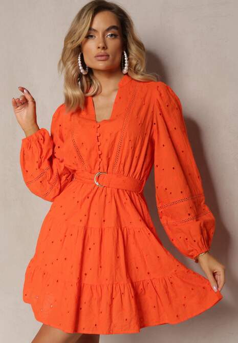 Pomarańczowa Bawełniana Sukienka z Haftem na Guziki z Gumką w Pasie oraz Paskiem Weritte
