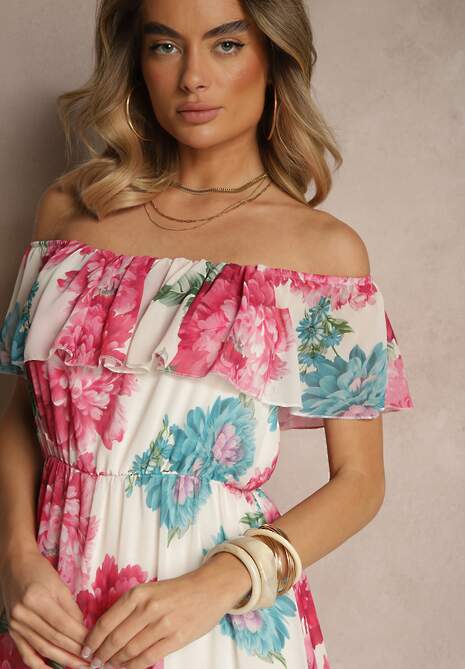 Fuksjowa Sukienka Hiszpanka z Kwiatowym Wzorem i Plecionym Paskiem Sadeene