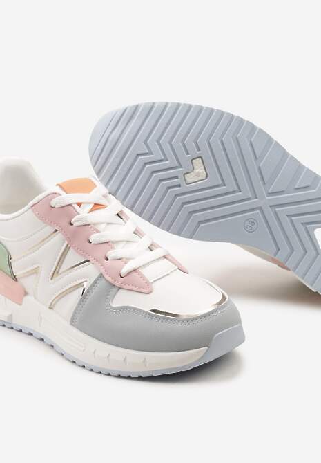 Biało-Niebieskie Płaskie Sneakersy ze Sznurowaniem z Metalicznymi Wstawkami Remarie