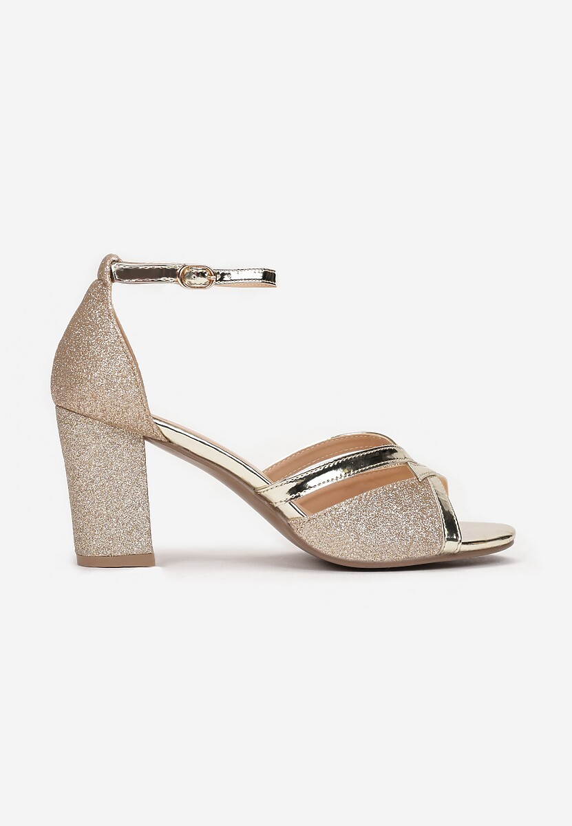 Złote Sandały Brokatowe na Słupku Layo