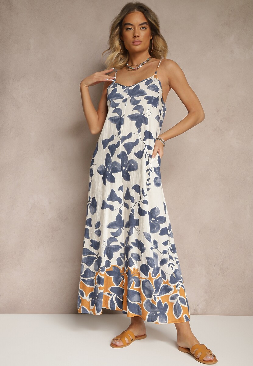 Niebiesko-Beżowy Kombinezon Wide Leg z Wiskozą na Ramiączkach Iffiane