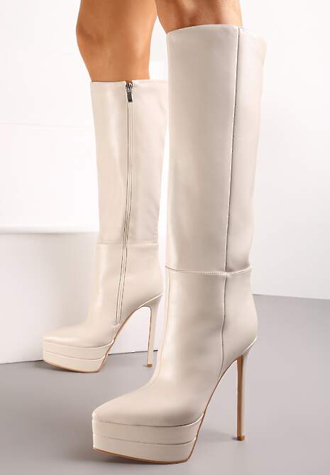 Beżowe Kozaki przed Kolano na Platformie i Szpilce Hezoppe