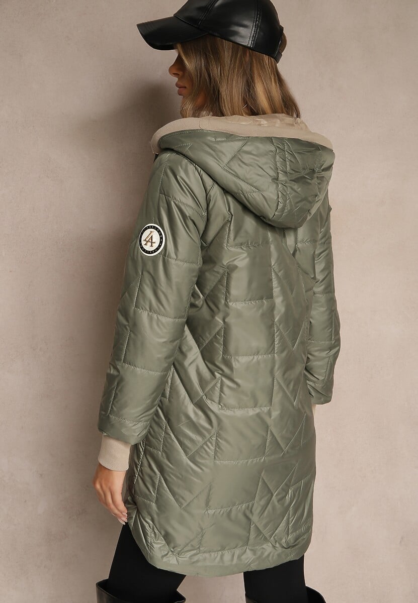 Zielona Kurtka z Pikowanymi Przeszyciami Kapturem i Dłuższym Tyłem Tuleina