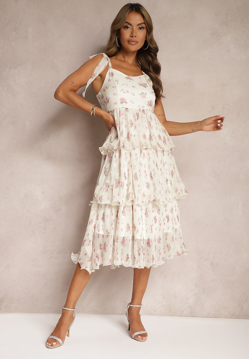 Jasnobeżowa Sukienka Plisowana o Rozkloszowanym Kroju na Ramiączkach z Gumką w Pasie Dilsea