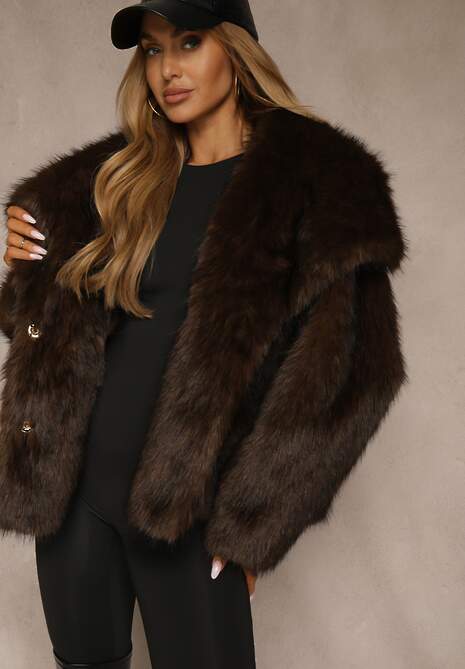 Brązowa Kurtka Futerko o Kroju Oversize z Szerokim Kołnierzem Reissa