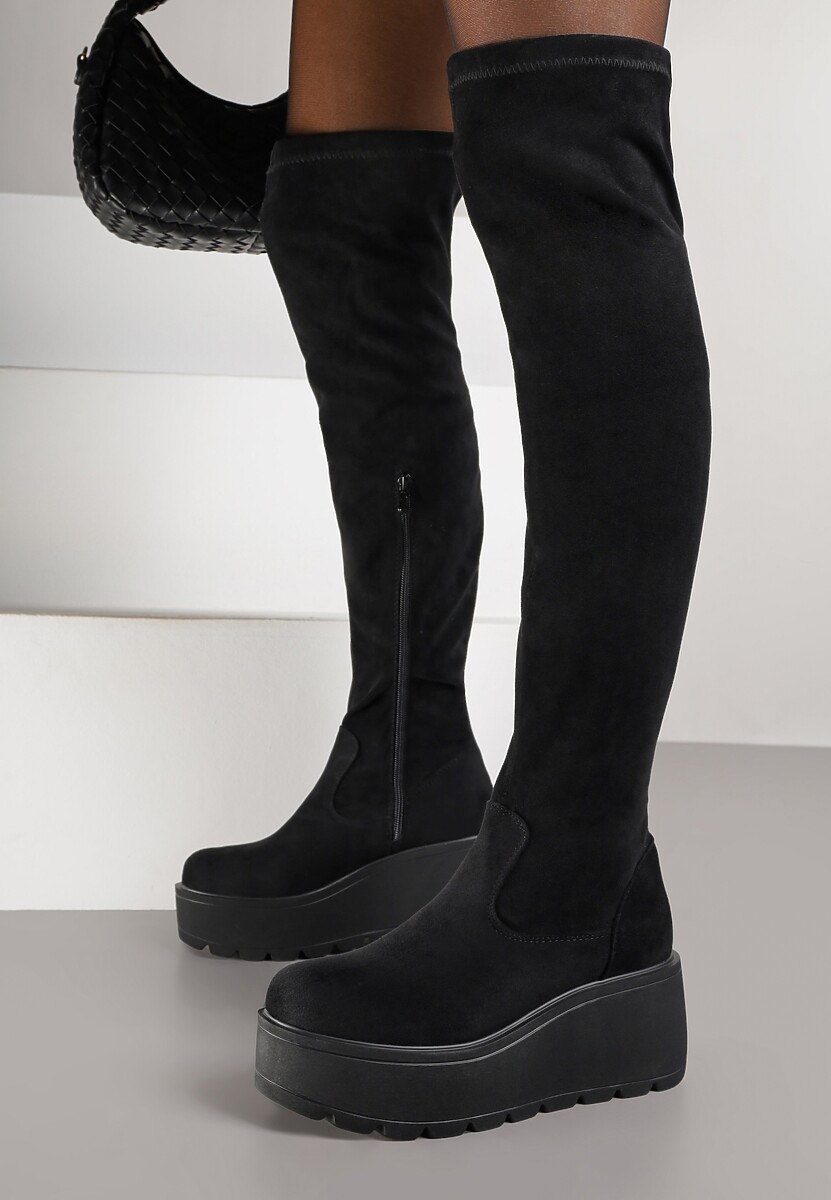 Czarne Casualowe Kozaki na Platformie i Koturnie z Dopasowaną Cholewką Erissia