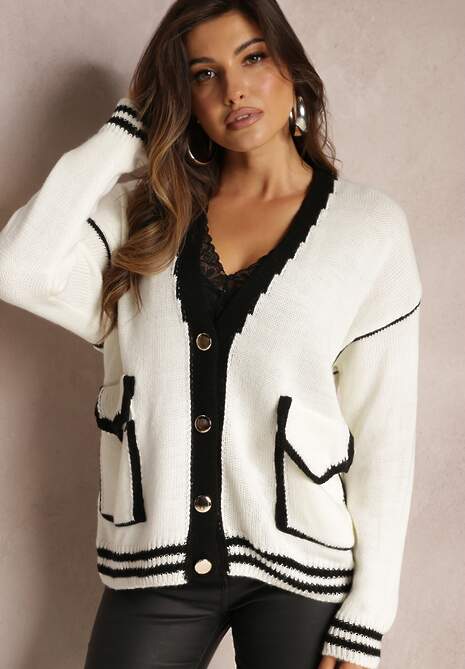 Biały Kardigan z Metalicznymi Guzikami i Ozdobnymi Lamówkami Abovza