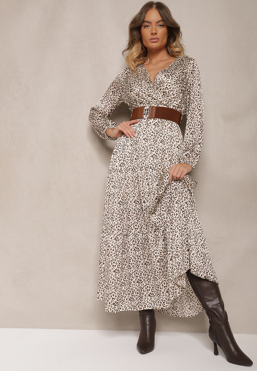 Brązowa Kopertowa Sukienka w Panterkę o Rozkloszowanym Kroju Ozdobiona Paskiem z Klamrą Rinalia