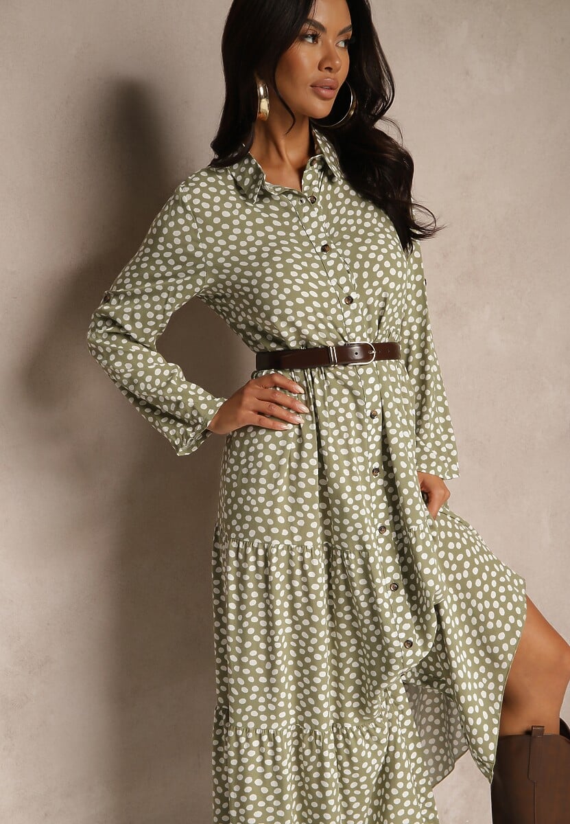 Zielona Maxi Sukienka z Bawełny w Kropki o Koszulowym Kroju z Rozkloszowanym Dołem Feriti