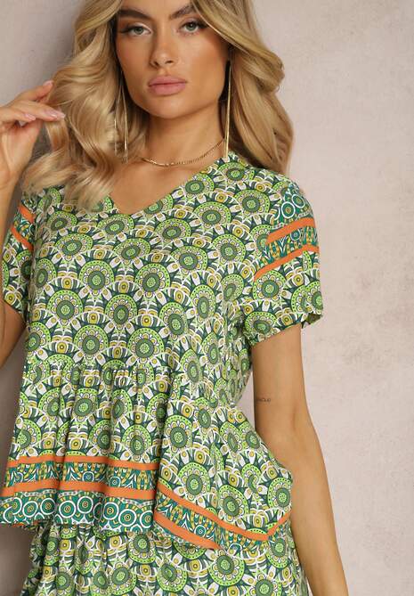 Zielony Komplet z Wiskozy w Stylu Boho Bluzka z Krótkim Rękawem i Spodnie z Gumką w Pasie Valesia