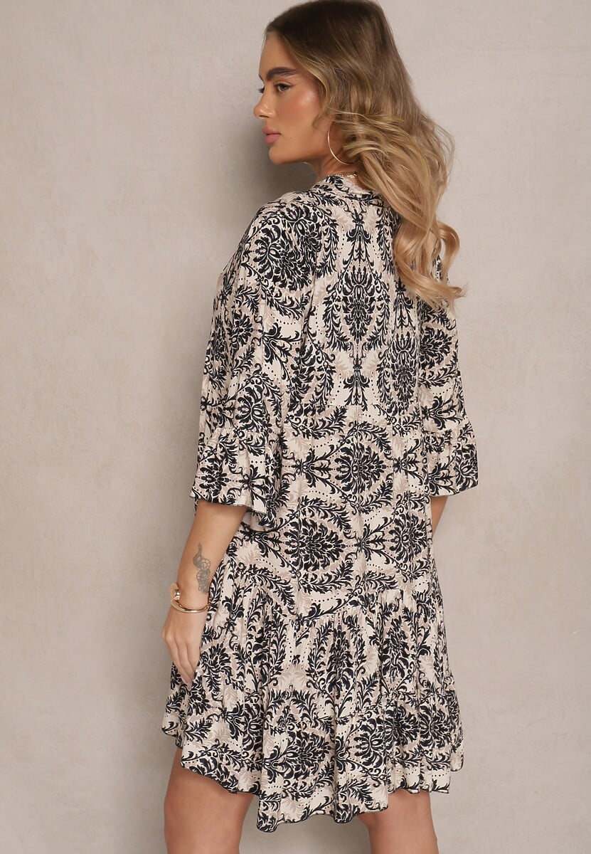 Beżowo-Czarna Bawełniana Sukienka o Rozkloszowanym Kroju w Ornamentalny Print Laniwea