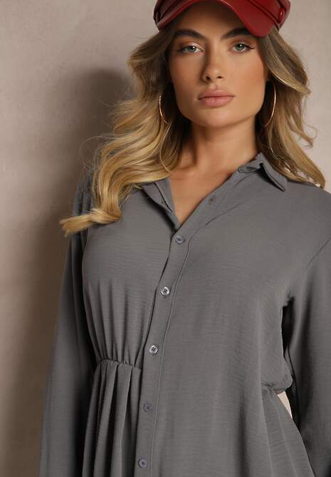 Szara Koszulowa Sukienka o Asymetrycznym Rozkloszowanym Kroju z Gumką w Talii Eloriana