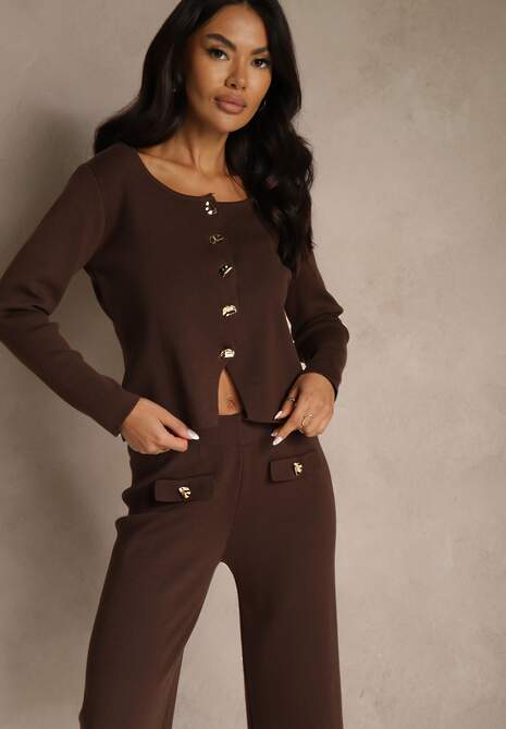 Brązowy Elegancki Komplet z Dzianiny z Wiskozą Kardigan i Spodnie Delinavea