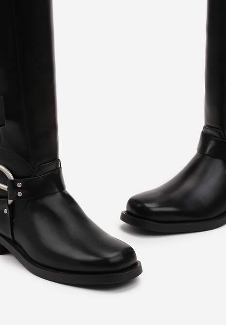 Czarne Kozaki Biker z Ozdobnymi Klamerkami i Kwadratowym Noskiem Vivao