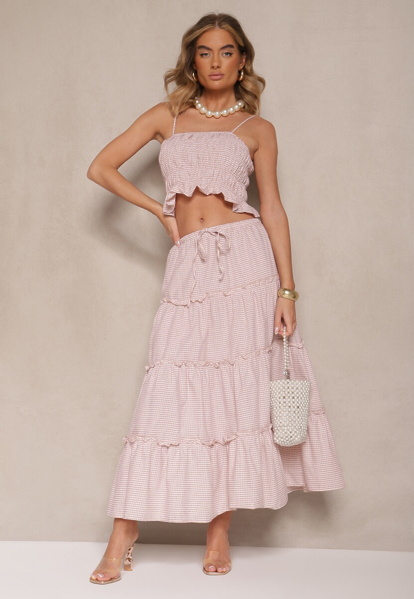 Zielony Komplet z Bawełny w Kratkę Vichy Top i Spódnica z Falbankami Frosirae