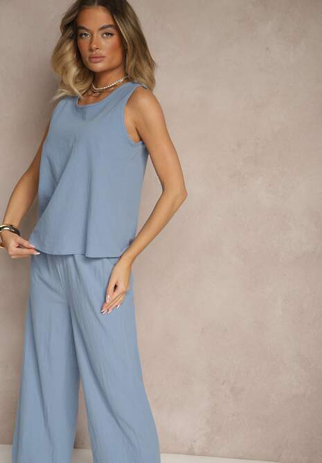 Niebieski Komplet z Bawełną i Lnem Koszulka i Szerokie Spodnie Isadell