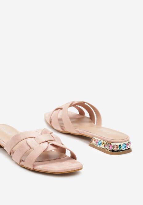 Różowe Płaskie Klapki z Imitacji Skóry Ozdobione Cyrkoniami Yanestria