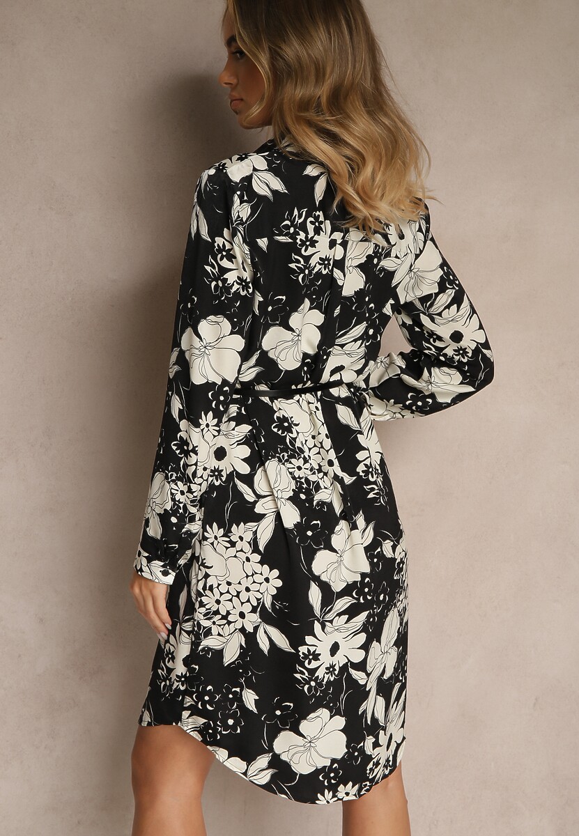 Czarno-Biała Wzorzysta Sukienka z Wiskozą o Koszulowym Kroju z Paskiem Ninnoria