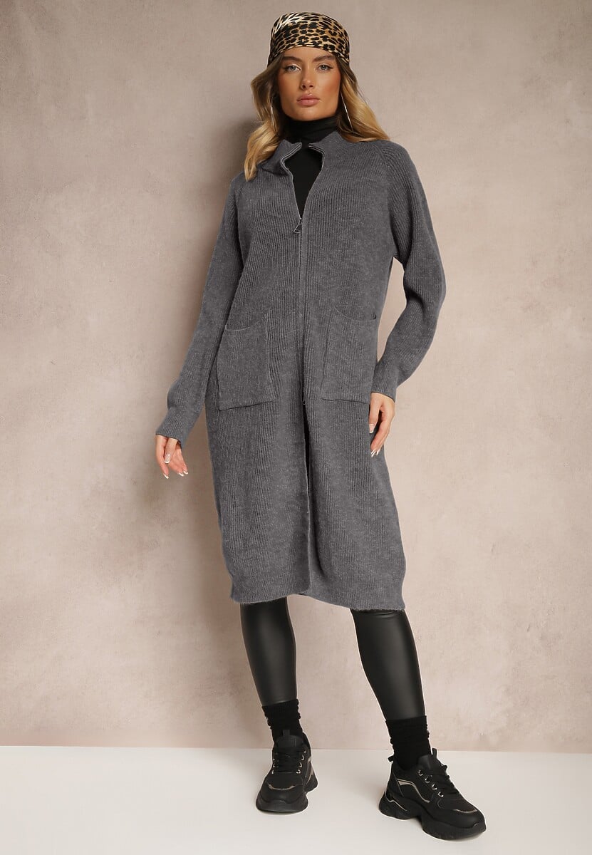 Ciemnoszary Długi Kardigan o Prostym Kroju ze Stójką z Domieszką Wełny i Zapięciem na Suwak Bonitana