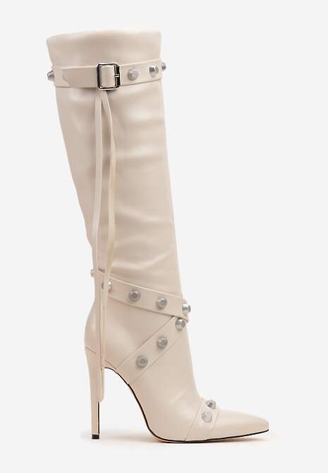 Beżowe Kozaki na Obcasie ze Szpiczastym Noskiem Zdobione Ćwiekami i Paskami przy Cholewce Zinadea