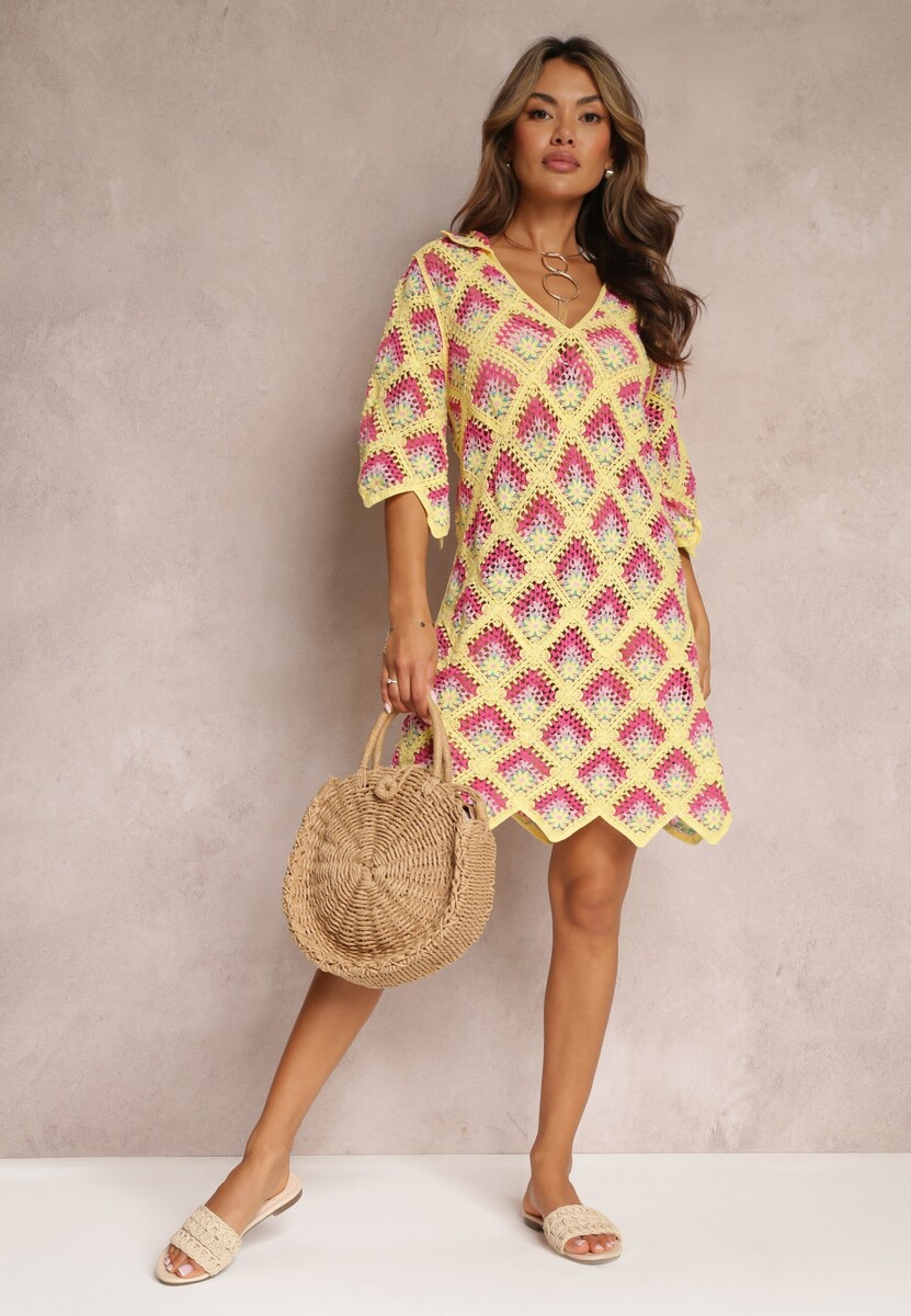 Żółta Szydełkowa Sukienka z Głębokim Dekoltem i Krótkim Rękawem z Bawełny Achla