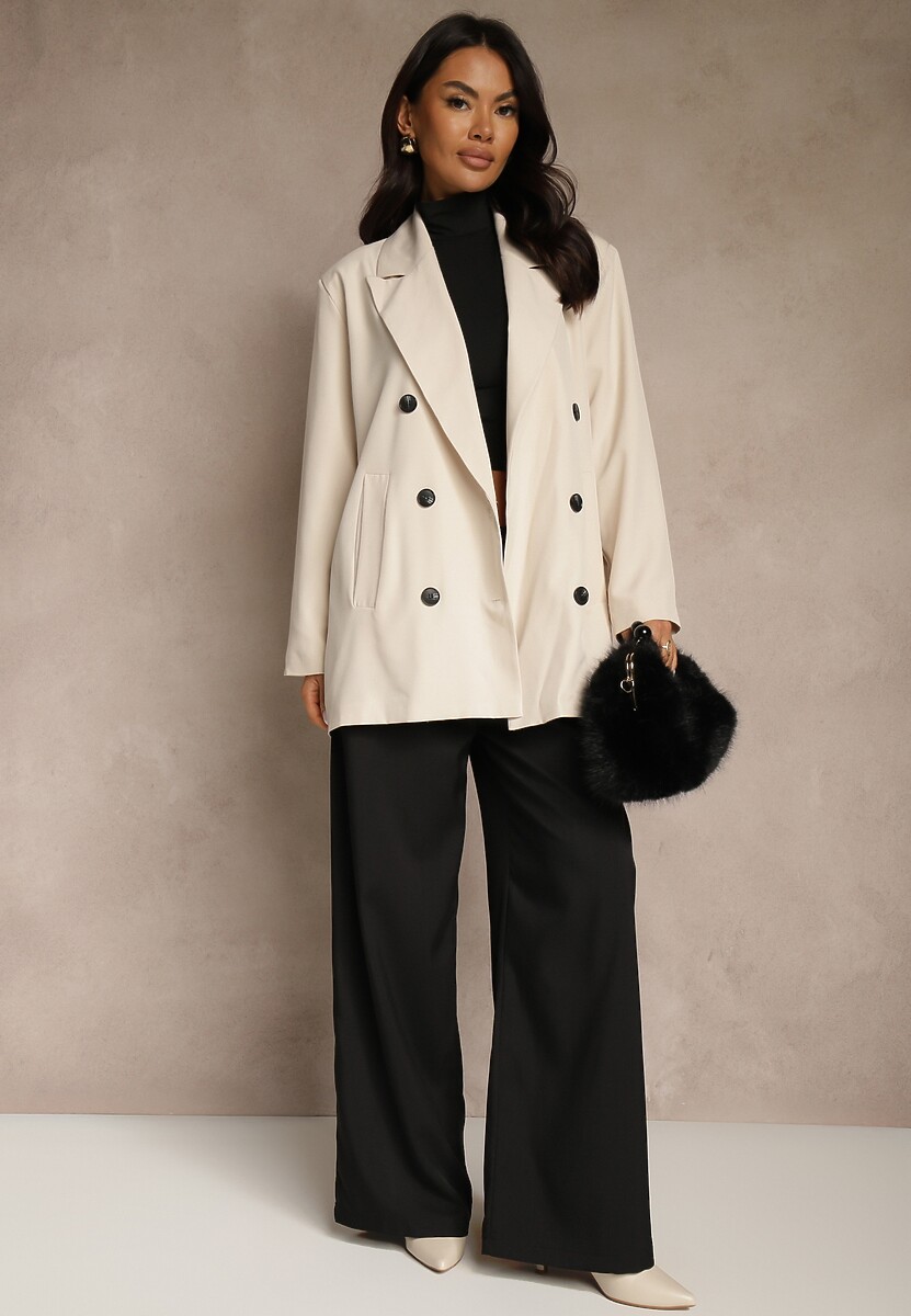 Jasnobeżowa Marynarka Dwurzędowa o Przedłużonym Fasonie Pilinne