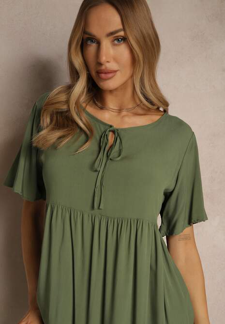 Ciemnozielona Bawełniana Sukienka Rozkloszowana z Wiązaniem przy Dekolcie Mepova