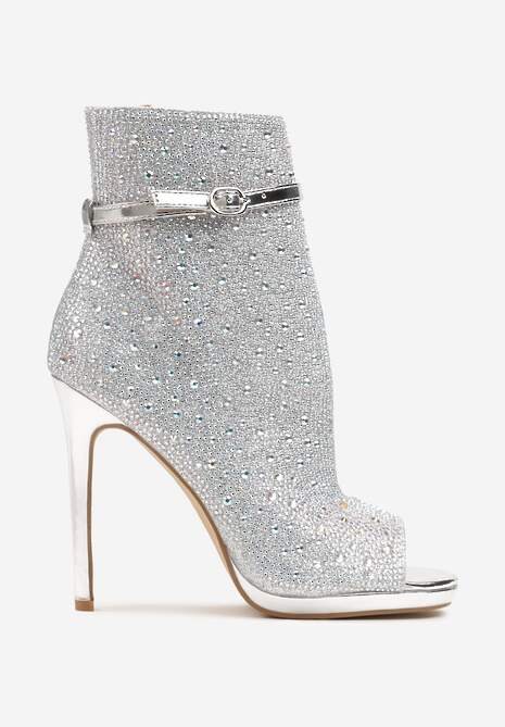 Srebrne Asymetryczne Sandały na Szpilce Ozdobione Cyrkoniami Selamin