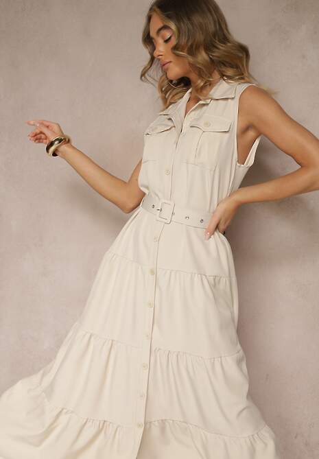 Beżowa Sukienka Koszulowa z Ozdobnymi Guzikami i Paskiem Maviosa